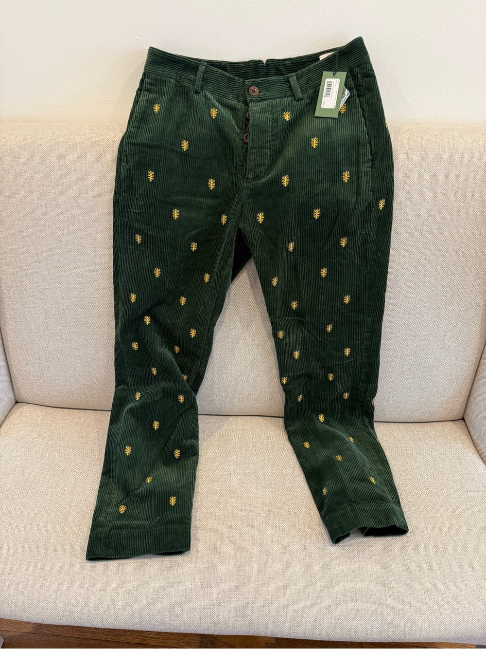 Sid Mashburn Dark Green "Tree of Life" Embroidered Corduroy Pants 32 X 30